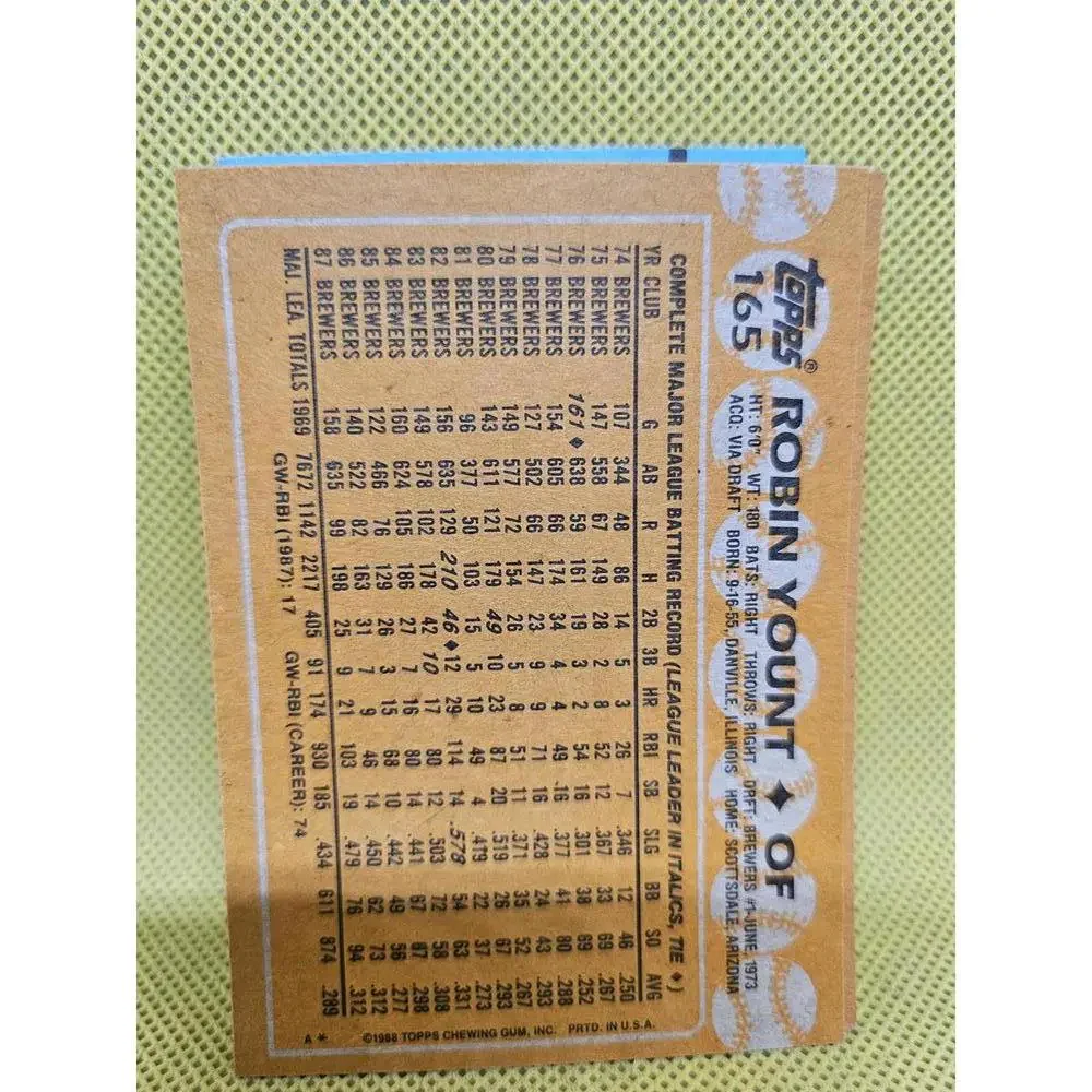 Robin Yount - HOF - 1988 Topps #165 - Brewers - RAW Mint - Picture 2 of 2